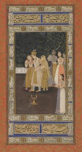 Prinssi haaremin palvelijoineen, Albumin folio maalauksella, 1700-luvun alku (läpinäkymätön akvarelli, mustetta ja kultaa paperilla) tekijältä Indian School