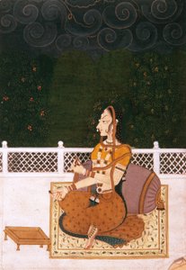 Kaunis nainen istumassa tukijalkaa vasten, n. 1775 (läpinäkymätön wc ja kultaa paperilla) tekijältä Indian School