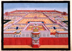 Delhin Punaisen linnoituksen linnunäkymä idästä, jossa näkyy keisari, luultavasti Shah Alam (1759-1806), astumassa oikealla olevaan Diwan-i-Khasiin, n. 1780-90 (peittävä akvarelli)). tekijältä Indian School