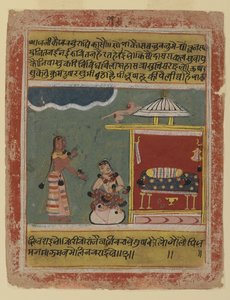 Neitsyt sanat Radhalle, sivu päivätystä Rasikapriya-sarjasta, Malwasta, 1634 (läpinäkymätön wc paperilla) tekijältä Indian School