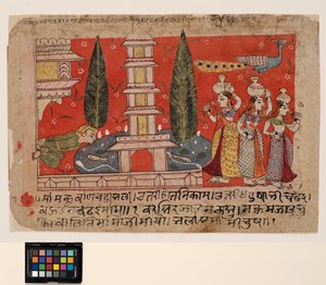 Mies kiipeilee palatsin kyljessä vakoilee gopeja lammen poikki, jossa on pagodi tekijältä Indian School