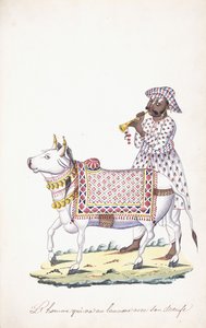 Mies härkänsä kanssa, c. 1825 (lyijykynä, kynä, musta muste, w/c, Whatman-paperille) tekijältä Indian School