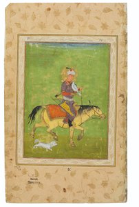 Maalaus Irajista hevosen selässä metsästämässä haukkaa, Intia, Mughal-aika, 1500-luvun loppu (läpinäkymättömät pigmentit ja kulta waslissa) tekijältä Indian School