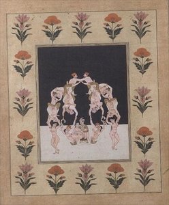 Rakastajapari istuu keinussa, joka koostuu muista kietoutuneista rakastajista, n. 1830 (guassi paperilla) tekijältä Indian School