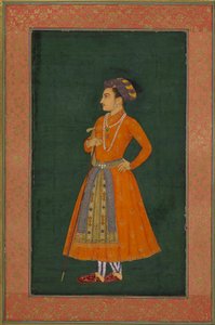 Oranssiin pukeutunut prinssi, kuvitus "The Dara Shikoh Albumista" (mustetta ja kultaa paperilla) tekijältä Indian School