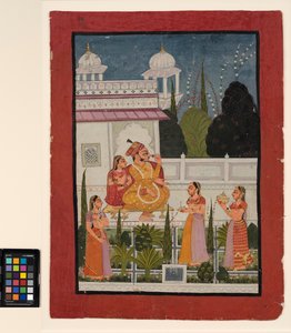 Raja terassilla ranin kanssa, mukana kolme naista, 1700-luvun loppu (läpinäkymätön akvarelli paperilla) tekijältä Indian School