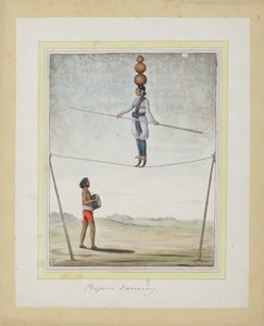 Akrobaatti köydellä, rumpali alla, n.1820 (läpinäkymätön wc paperilla) tekijältä Indian School