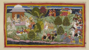 Lisää 15296 (1) f.105r, Kaksi prinssiä, brahminit ja ministerit lähestyvät Bharadvajan erakkoa jalan, kolme kuningatarta kaukana horisontista ja heidän pentueensa. Armeija norsuineen ja vaunuineen odottaa takana. l tekijältä Indian School