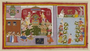 Lisää 15296 (1) f.106r, Bharadvaja on loihtinut taikavoimaillaan palatsin huvipuistoon vieraidensa viihdettä ja virkistystä varten. Bharadvaja ja muut askeetit ja brahminit istuvat valtaistuinsalissa, kun taas kaksi prinssiä tekijältä Indian School