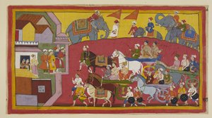 Lisää 15296 (1) f.128r, Vasisthan ja ruhtinaiden vaunut, joihin osallistuu eri ministereitä ja ihmisiä, saapuvat Nandigraman kaupunkiin. tekijältä Indian School