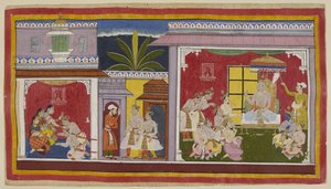 Lisää 15296 (1) f.2r, Ayodhyan valtaistuinhuoneessa (oikealla) kuningas Dasaratha istuu neljän poikansa, ministerinsä Sumantran ja ylipappinsa Vasisthan kanssa. Yudhajit, kuningatar Kaikeyin veli ja Bharatan äidin setä, on tullut viemään Bharatan kylään tekijältä Indian School
