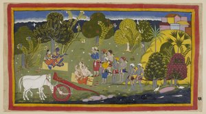 Lisää 15296 (1) f.63r, Toverit ovat saavuttaneet Gangajoen Srngaverapura Raman kohdalla ja Sita istuvat olkimatolla ingudipuuksi tarkoitetun puun alla, kun taas Laksmana ja Sumantra istuvat samalla tavalla heitä päin. Hevoset ovat olleet unhar tekijältä Indian School
