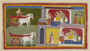 Lisää 15296 (1) f.72r, Vasemmalla Sumantra palaa Ayodhyaan ja astuu palatsiin antaakseen Raman viimeisen viestin kuninkaalle, joka istuu Kausalya ja Sumitra viereensä. Kuningas kaatuu ja Sumantra ja kuningattaret saavat hänet kiinni. tekijältä Indian School