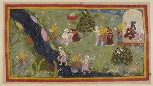 Lisää 15296 (1) f.79r, Dasaratha kertoo kuningattareille tapauksesta nuoruudessaan, kun hän tappoi vahingossa viisaan pojan metsästäessään. Vasemmalla Dasaratha kohdistaa jousella vahingossa puiden läpi nuorta kohti, joka täyttää vesikannuaan toisella tekijältä Indian School