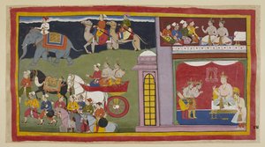 Lisää 15296 (1) f.84r, Yläkammiossa olevat sanansaattajat käskevät ruhtinaita palata Ayodhyaan. Alla valtaistuinsalissa, matkaa varten pukeutuneena, prinssit jättävät jäähyväiset kuningas Kaikeyille ja hänen pojalleen Yudhajitille. He istuvat vaunuihin m:n tekijältä Indian School
