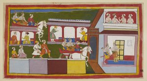 Lisää 15296 (1) f.85r, Prinssit vaunuissaan ajavat Ayodhyan pääkadun läpi ihmetellen kaupungin muutosta sen jälkeen, kun he lähtivät siitä, ja astuvat sitten palatsiin kyselevin elein. Ylähuoneessa kokoontuvat brahmini ja kolme ministeriä tekijältä Indian School