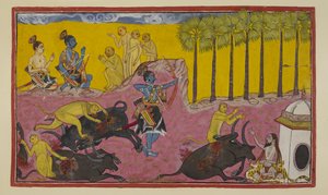 Lisää 15296 (2) f.12r, Sugriva ja hänen apinansa, nähtynä ylhäällä vasemmalla, jatkavat Ramalle ja Laksmanalle tarinan kertomista Balista ja Dundubhista. Bali oli niin voimakas, että hän kykeni repimään demonin raajan raajasta ja sitten heittämään ruhon il tekijältä Indian School