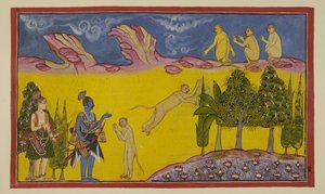 Lisää 15296 (2) f.3r, Sugriva pelkää aluksi, koska hän ajattelee, että hänen anastava veljensä Bali on lähettänyt nämä aseistetut soturit tuhoamaan hänet. Hän lähettää viisaan ministerinsä Hanumanin saamaan lisätietoja kahdesta muukalaisesta. Hanuman esitt tekijältä Indian School