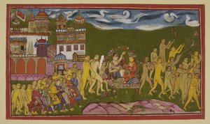 Lisää 15296 (2) f.43r, Sugriva ja Laksmana kuljetetaan kultaisessa pentueessa, jota apinat kantavat, Kiskindhasta tekijältä Indian School