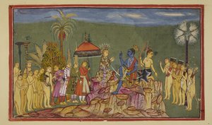 Lisää 15296 (2) f.56r, Rama kysyy Sugrivalta, joka oli aiemmin kuvaillut maailman neljää neljännestä, kuinka hän tutustui ne niin hyvin. Sugriva kertoo hänelle, että hänen veljensä Ba ajoi häntä takaa neljän neljänneksen läpi tekijältä Indian School