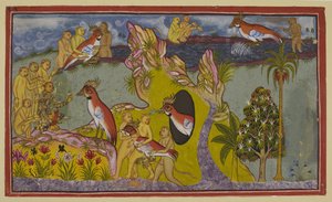 Lisää 15296 (2) f.68r, Apinat ovat päättäneet kuolla nälkiintymällä eteläisen valtameren rannoilla sen sijaan, että palaisivat kohtaamaan kuninkaansa vihaa. Ne näkee siivetön korppikotka Sampati, korppikotkakuningas Jatayun veli, joka tekijältä Indian School