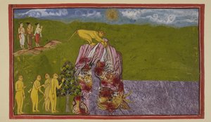 Lisää 15296 (2) f.81r, Suuren valtameren rannoilla apinat olivat järkyttyneitä siitä, kuinka he voisivat ylittää sen päästäkseen La?k?:lle. Angada kysyi heiltä kaikilta, kuinka pitkälle he voisivat hypätä, mutta kukaan ei ollut varma hyppäävänsä näin pitkä tekijältä Indian School