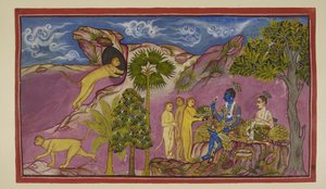 Lisää 15296 (2) f.9r, Sugriva kertoo Ramalle nähneensä Ravanan kantavan Sitaa vaunuissa, kamppailemassa ja huutavan Raman ja Laksmanan nimiä. Nähdessään hänet alhaalla hän päästi jalokivinsä ja ylävaatteensa pudottamaan. Sugriva juoksee luolaan tekijältä Indian School
