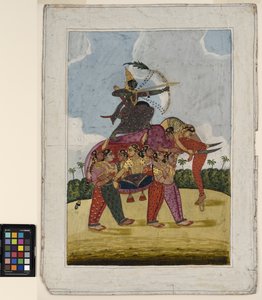Tanssivista naisista koostuva norsu, yhdistelmä, toimii telineenä jousiampujalle, n. 1825 (läpinäkymätön akvarelli ja kulta paperilla) tekijältä Indian School