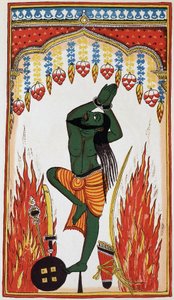 Aradjama, rukoilemassa ja tekemässä katumusta saadakseen aseet, jotka tekevät hänestä voittamattoman, litho 1700-luku. tekijältä Indian School