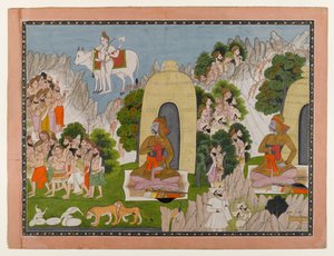 Arjunas Penance, kohtaus Mahabharata-sarjasta, n. 1825-1840 (wc ja kultaa paperilla) tekijältä Indian School