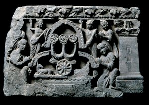 Gandharan taide (tai kreikkalaisbuddhalaisuus): "" Buddha rukouksessa"" ihme Sravasti (Shravasti tai Savatthi) (Rukoileva Buddha, Sravastin ihme) Gandhara-koulun helpotus - 2.-4. vuosisadat - Intian museo, Kalkutta, Intia tekijältä Indian School