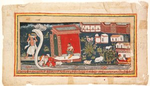Baby Krishna kuljetetaan turvaan, 1600-25 (paperilla läpinäkymätön wc) tekijältä Indian School