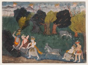Balarama Kills the Ass Demon, sivu hajallaan olevasta Bhagavata Purana -sarjasta, n. 1725 (läpinäkymätön akvarelli ja hopea paperilla) tekijältä Indian School