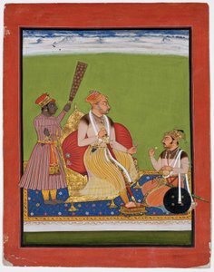 Bhao Singh valtaistuimella aatelinen jaloissaan, n. 1680 (läpinäkymätön wc ja kultaa paperilla) tekijältä Indian School