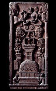 Buddhalaisuus: "" Mahaparinirva a ou parinirvana, Buddhan maallisen olemassaolon loppu, nirvanan saavuttaminen" (Parinirvana, lopullinen nirvana, joka tapahtuu Buddhan ruumiin kuoleman jälkeen) yksityiskohta du stupa de Bharhut (Barhut, Barouth) Matala koh tekijältä Indian School