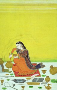 CBL, 11B.30 Nainen valmistaa aterian, pienoismalli Bhagavata Purana -sarjasta, Kangra, n. 1810 tekijältä Indian School