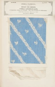 Chikan-kirjailtu musliininäyte Daccasta Bengalista, kokoelmasta The Collection of the Textile Manufacturers of India, John Forbes Watson, julkaistiin vuonna 1866 tekijältä Indian School