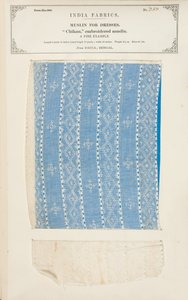 Chikan-kirjailtu musliininäyte Daccasta Bengalista, kokoelmasta The Collection of the Textile Manufacturers of India, John Forbes Watson, julkaistiin vuonna 1866 tekijältä Indian School