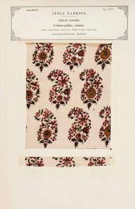Karkea puuvillaprinttinäyte Masulipatamilta Madrasista, kokoelmasta The Collection of the Textile Manufacturers of India, kirjoittanut John Forbes Watson, julkaistu vuonna 1866 tekijältä Indian School