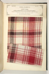 Puuvillainen kaulahuivi pään ja hartioiden peittoon Madrasin Ventapollumista, John Forbes Watsonin teoksesta The Collection of the Textile Manufacturers of India, julkaistu vuonna 1866 (sekoitettu media) tekijältä Indian School