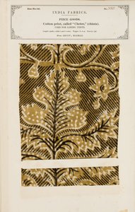 Puuvillanäyte chetee (chintz) -printillä Arcot in Madrasista, kokoelmasta The Collection of the Textile Manufacturers of India, kirjoittanut John Forbes Watson, julkaistu vuonna 1866 tekijältä Indian School