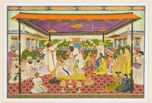 Oikeuskohtaus panoraamapalatsin ja puutarhan taustalla tekijältä Indian School