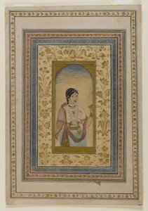 Kurtisaani ikkunassa, 1700-luku (wc-, kulta- ja tussivärejä paperille). tekijältä Indian School