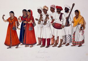 Tanssitytöt ja muusikot, n.1828 (värilitho) tekijältä Indian School