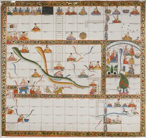 Suunnittelu Snakes and Ladders -peliin, 1800 (guassi kankaalle kiinnitetylle paperille) tekijältä Indian School