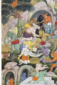 Yksityiskohta Demons in a Wild Landscapesta, n. 1600 (läpinäkymätön wc ja kultaa paperilla) tekijältä Indian School