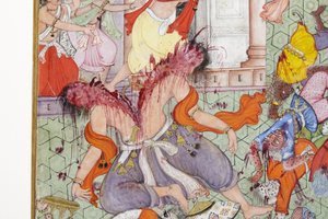 Yksityiskohta Krishna Cleaves the Demon Narakasura -levystä, n. 1585-1590 (läpinäkymätön wc ja kultaa paperilla) tekijältä Indian School