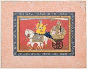 Vuoropuhelu Krishnan ja Arjunan välillä Kurukshetran taistelukentällä, n. 1820 (läpinäkymätön akvarelli ja kulta paperilla) tekijältä Indian School