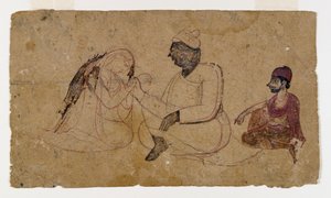 Piirustus kolmesta istuvasta hahmosta, n. 1750 (muste ja väri paperille) tekijältä Indian School