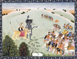 Durga ja Kali seisovat etenevän demonijoukon edessä, n. 1800-1820 tekijältä Indian School
